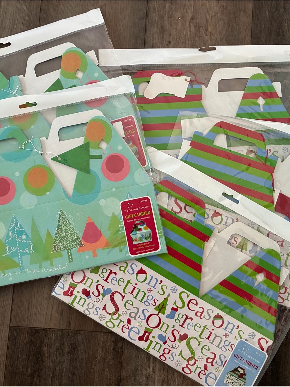 Holiday Gift Carrier Bag Set - Assorted Green and Multi-Color